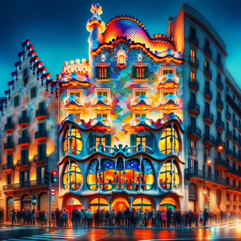 Casa Batlló in Barcelona, illuminated and showcasing its unique architectural design during the 2024 Architecture Week.