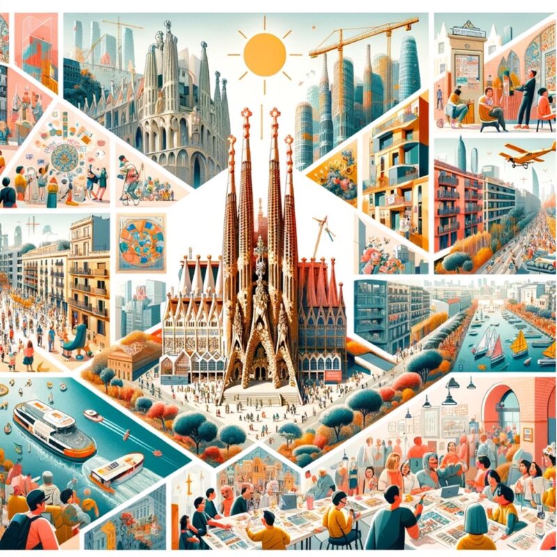 A vibrant collage featuring key highlights of Barcelona's 2024 Architecture Week, showcasing iconic landmarks such as Sagrada Familia, Casa Batlló, and Pavellons Güell. The image includes scenes of people participating in tours, workshops, and exhibitions, reflecting the lively atmosphere of the event.